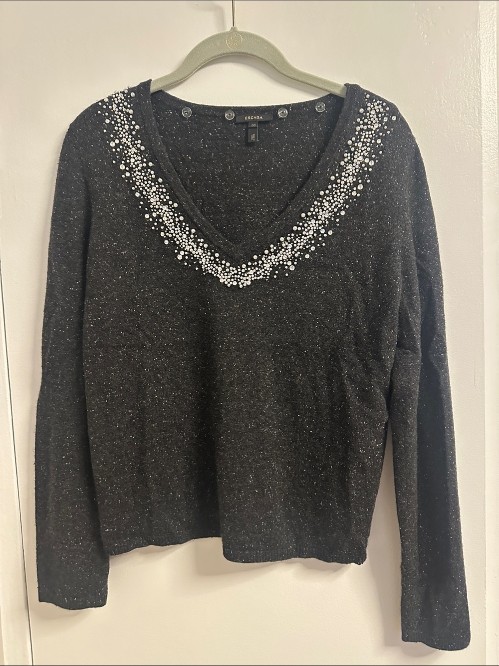 Escada Black/Grey V-Neck Sweater with White Bead Embellishment - 38
